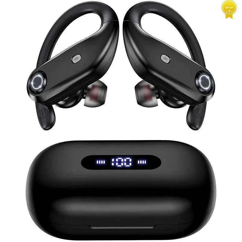Écouteurs Bluetooth, 4 micros, réduction du bruit d'appel, écouteurs sans fil IPX7 sur l'oreille, boîte de chargement 2200mAh pour jeux sportifs
