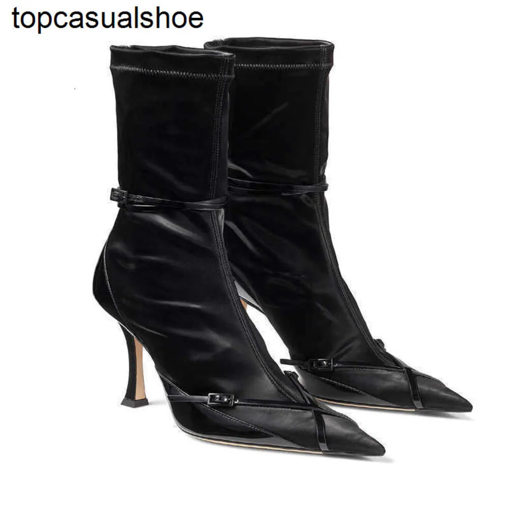 JC Jimmynessity Choo Elastic Boots Style Buckle Nouveau punk court talon haut mince talon pointé Pumps d'hiver noir sexy