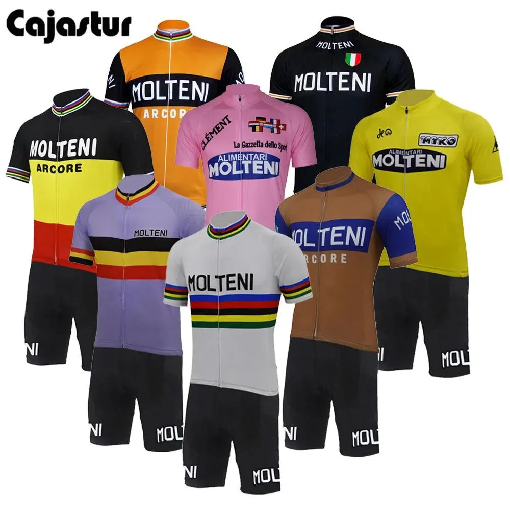 Uppsättningar Molteni Retro Cycling Jersey Set Men Bib Shorts 9D Gel Pad Cycling Tops Mtb Ropa Ciclismo Bike Wear Clothing Kort ärm