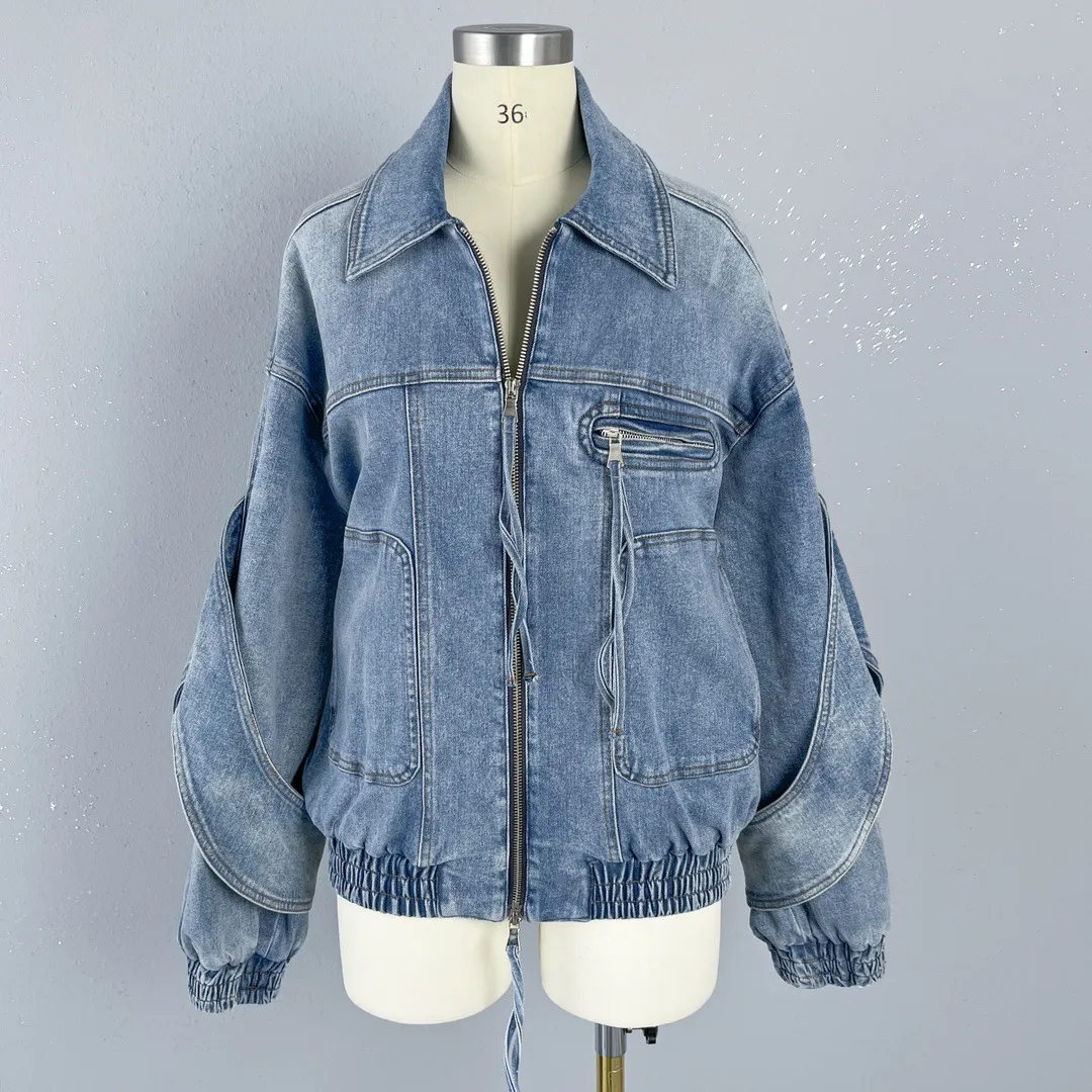 OC468M56 Frühling Lose Jeansjacke Damen Baumwolle Lässiges Revers mit Löchern Stonewashed für Modemantel