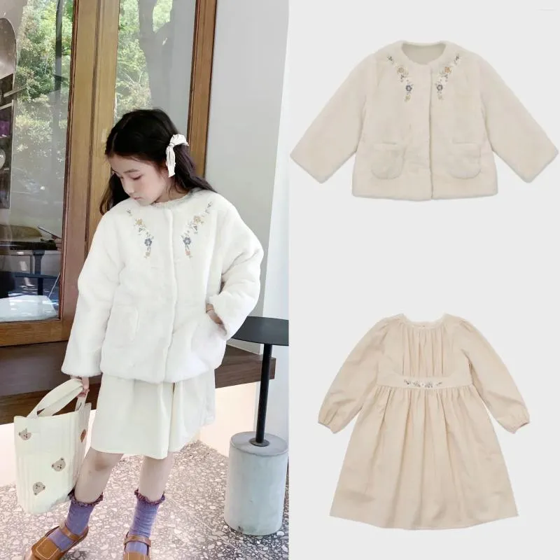 Jackets 23 Autumn/Winter Lou Girls Solid Color Embroidered Dress Imitation Hair Clip Cotton Coat Thermal Top