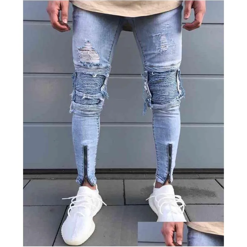 Men'S Jeans New Men Hip Hop Zipper Ripped Biker Jeans Fashion Slim Fit Motorcycle Died Holes Skinny Denim Joggers Drop Delivery Appar Dheoj