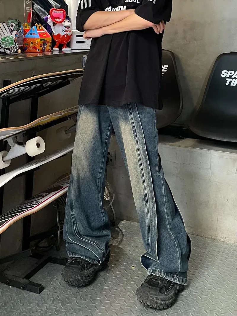 Мешковатые джинсы с тяжелой строчкой, уличные потертые широкие брюки в стиле ретро в стиле хип-хоп, модная корейская повседневная мужская одежда 240117