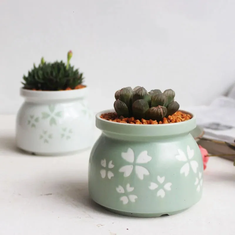 10PC Mini keramische vetplant pot handgemaakte groen porselein tafelblad plant kantoor decoratie bloempot bonsai plant 240118