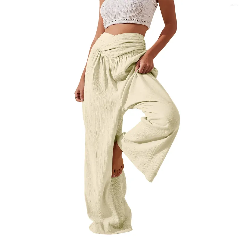 Women's Pants Straight Wide Leg High Elastic Cross Waisted Cotton And Linen Trousers Casual Loose All-Match