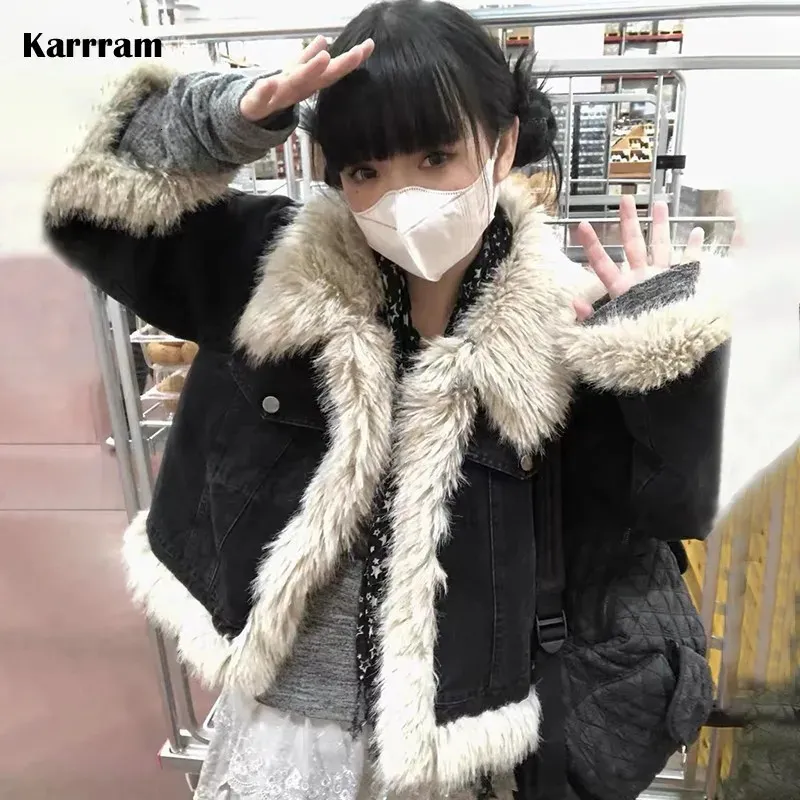 KARRRAM Y2K美学ブラックデニムコートグランジフェアコアジーンズファージャケット2000S HARAJUKU WINTER COAT PATCHWORK VINTAGE KOREAN 240117