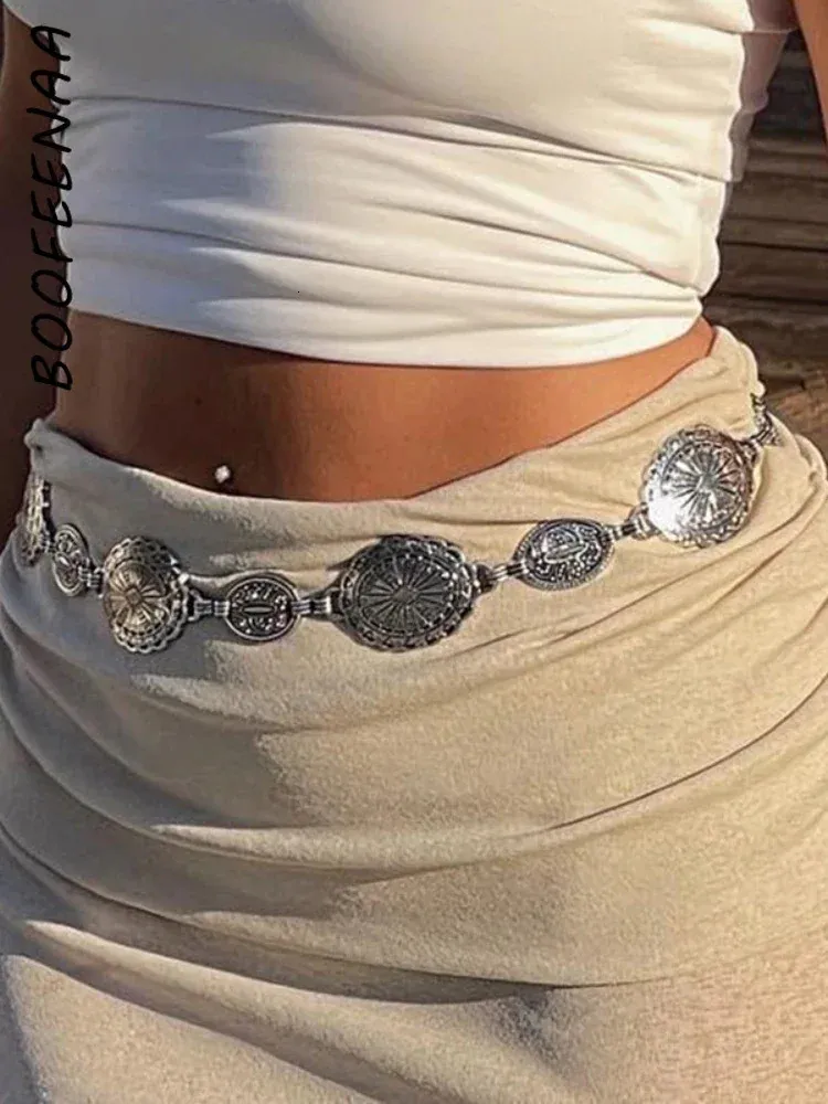 BOOFEENAA Y2k Style Silver Gold Chain Belts Apparel Accessories Boho Vintage Hippie Waist Belts for Women Rave Festival C67-BZ13 240118