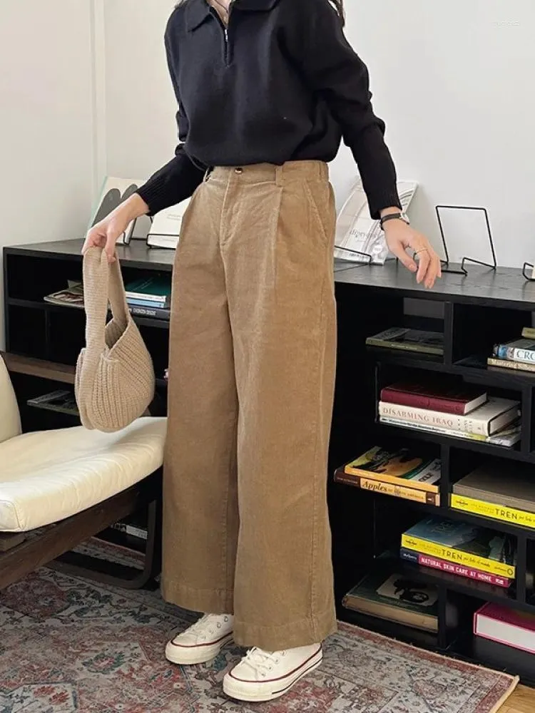 Spodnie damskie Corduroy długą szeroką nogę dla kobiet wiosna jesienna prosta elastyczna stała stałe luźne spodnie 2024