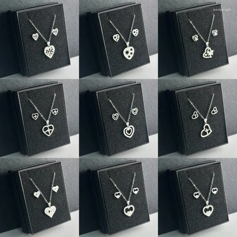 Necklace Earrings Set 30set/lot Stainless Steel Silver Color Heart Heartbeat Pendant Chain Stud Earring For Women Jewelry Wholesale