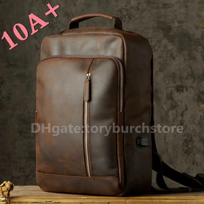 10A+ 고품질 가방 가방 말 가죽 배낭 남성용 암소 헤드 레이어와 함께 여행용 15.6 인치 컴퓨터 수제 미친 듯이 책