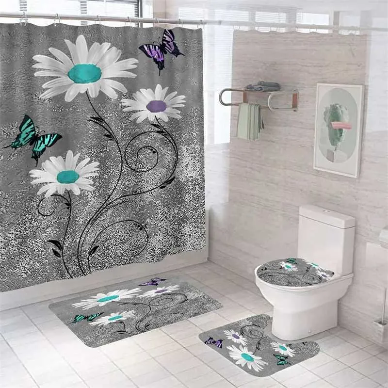 Cortinas de chuveiro margaridas flores cortina de banho à prova dwaterproof água banho de alta qualidade cortinas impressão tapetes de toalete anti-deslizamento eco-amigável tapete
