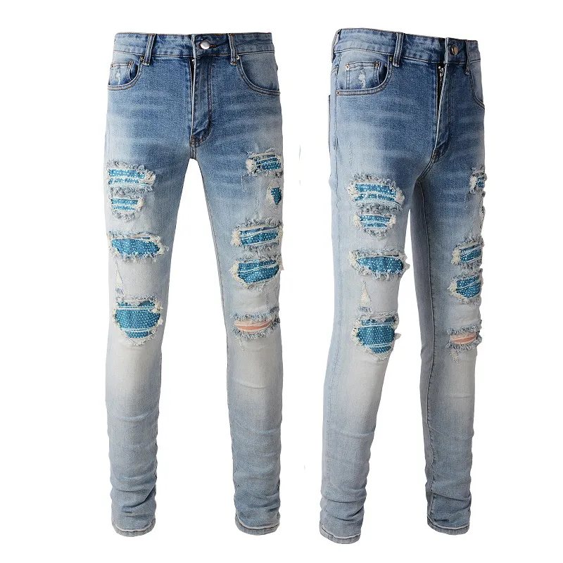 Wilde Nachtclub-High-Street-Jeans mit Kristallaufnäher für Herren