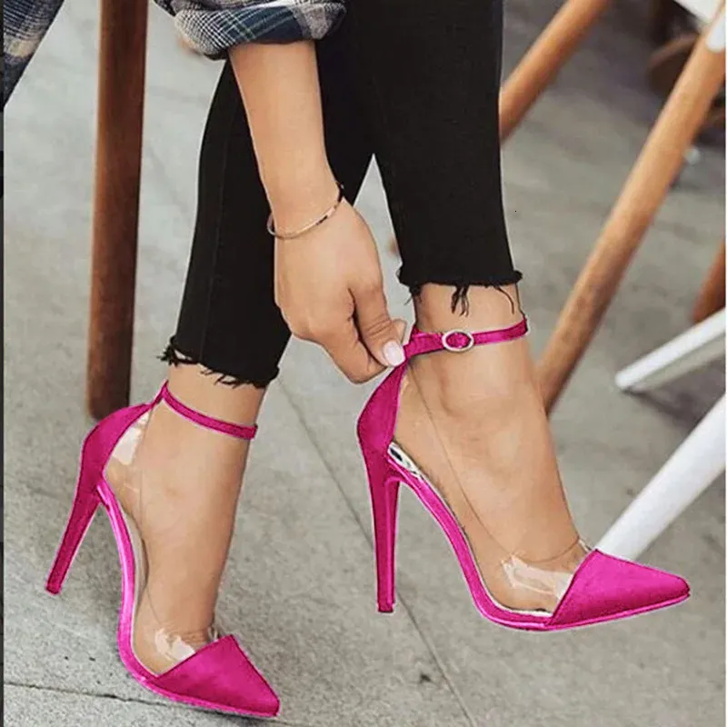 Damen-Pumps mit hohem Absatz, spitz, transparent, Gürtelschnalle, Damen-Einzelschuhe, Kleid, Rose, Rot, Rosa, Schwarz, Farbe 35 43 240117