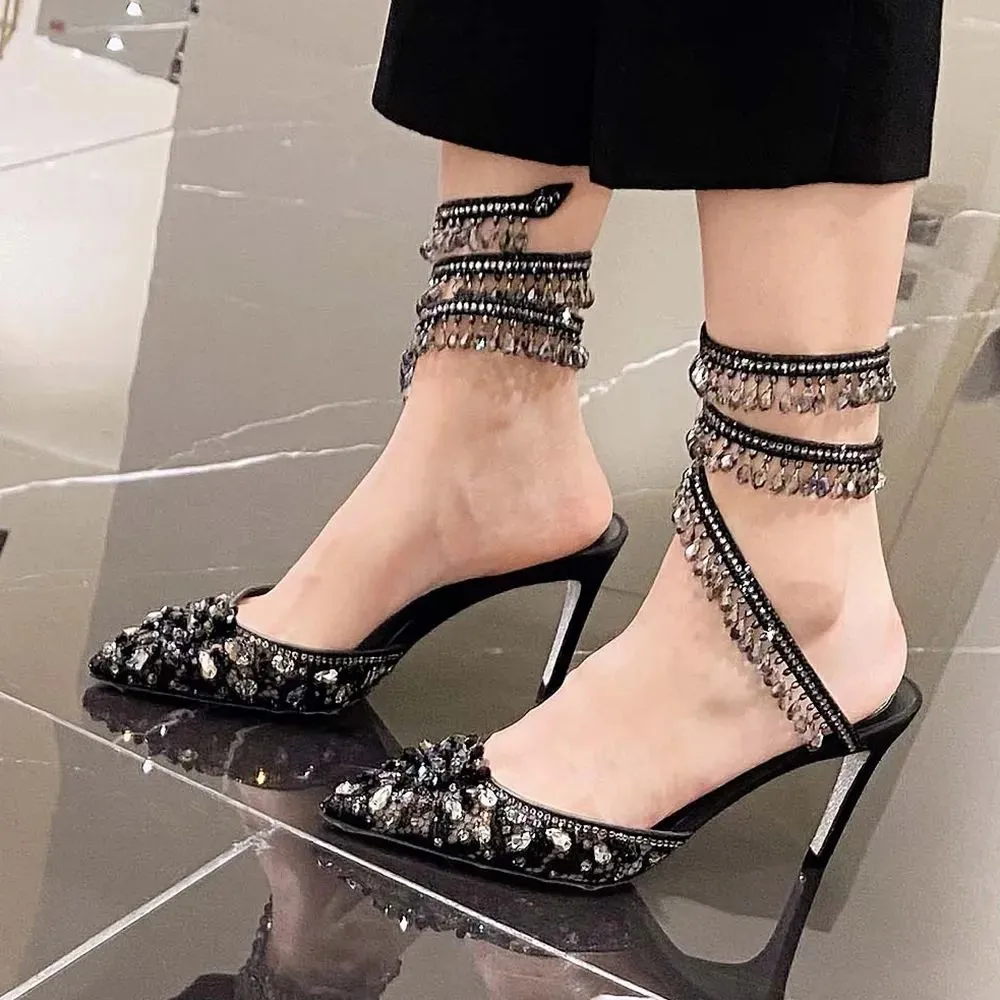 Rene Caovilla Kroonluchter Met kristallen verfraaide enkellaarzen schoenen met puntige neus slingback pumps stiletto sandalen voor dames van 7,5 cm en 9,5 cm Luxe ontwerpersavonden
