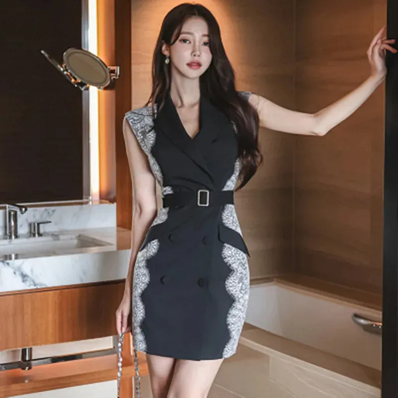 Summer Korean Version Elegant Mini Dress Women Slim Double-Breasted Lace Professional Dresses Female Clothing 240117