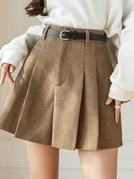 Women`s Shorts Retro High-waisted Corduroy Pleated Skirt Women Spring Fall Slim Fit A-line Fashion All-matching Short Trouser