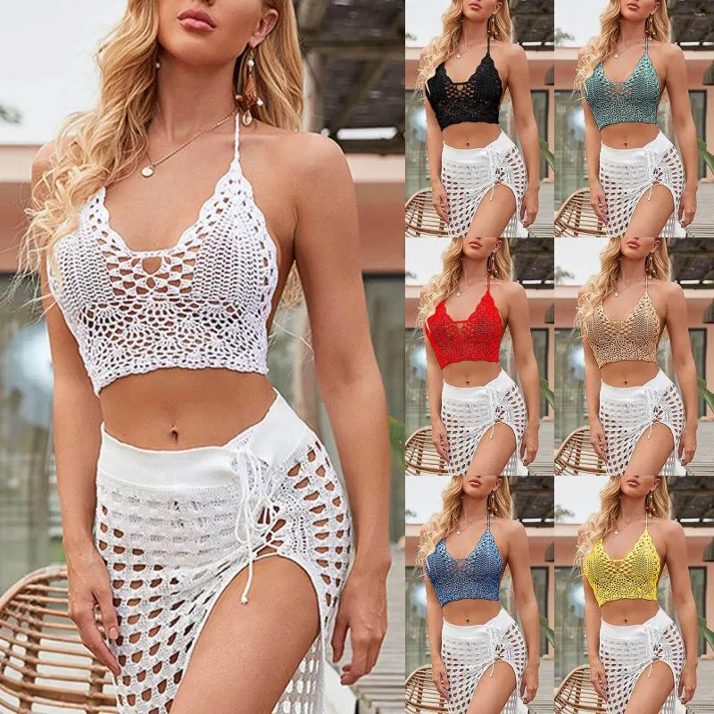 Vrouwen badmode sexy bikini crop top strand cover-ups vrouwen gehaakte boho camisoles bralette halter cami gebreide bh zwemmen strandkleding