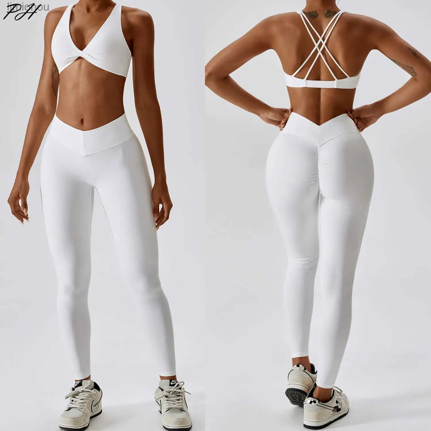 Active Set White Yoga Set Women Sexig Beauty Back Bh High midje Leggings Suit Comfort Soild Fitness Running Sport Set Breatabe SportWearl240118