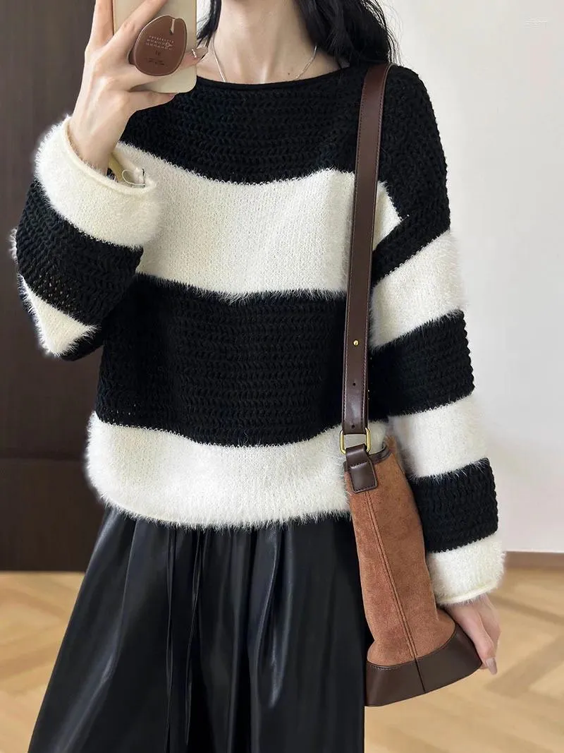 Swetery kobiet 2024 Pullover sweter sweter z dzianiny w kolorze zimowym w paski leniwy kolor kontrastowy luźne koreańskie