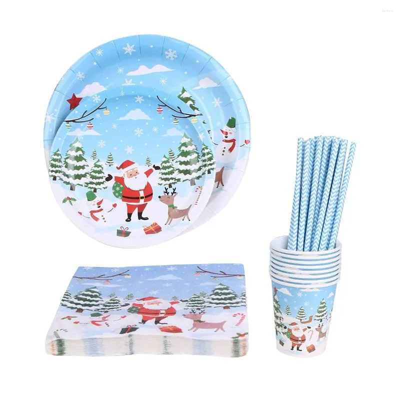 Disposable Dinnerware 69pcs Christmas Themed Printed Plate Paper Cup Nanpkin Straw Tableware Set For Party