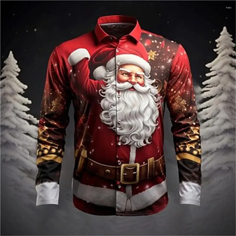 Men's Casual Shirts Santa Claus Printed Shirt Christmas Dance Party Long -sleeved Lapel Button Designer Comfortable Fabric