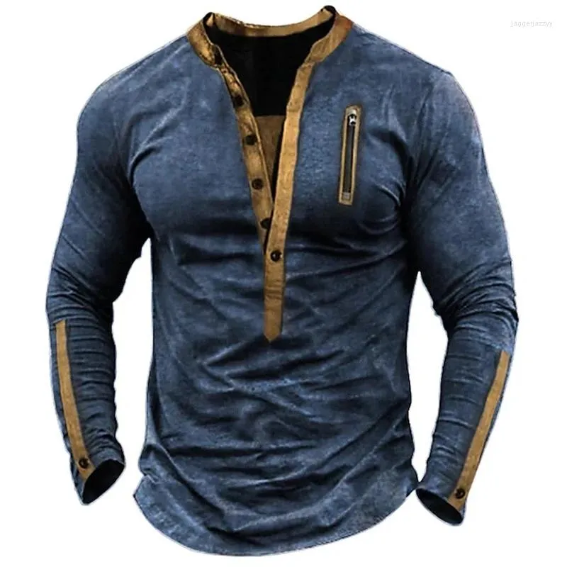 T-shirts pour hommes Loisirs Chemise pour hommes Col en V Boutonné À manches longues Lâche T-shirts décontractés Automne Mode Patchwork Oversize Tops Hommes Pull Rétro