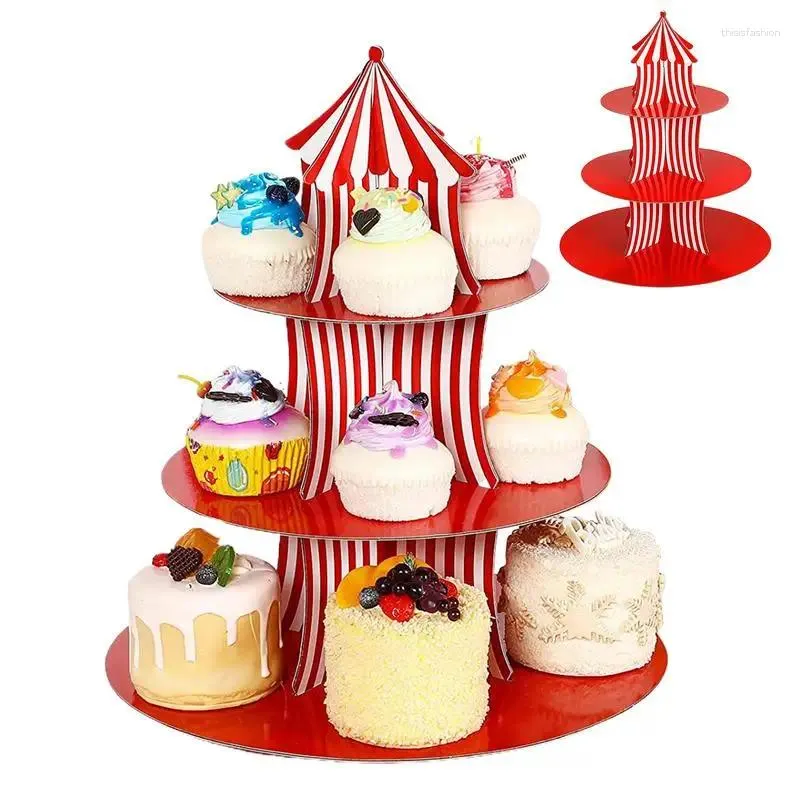 Partyzubehör, Weihnachts-Zirkus-Karneval-Thema, Papier-Kuchenständer, rot gestreift, 3 Ebenen, Dekor, Dessert-Ausstellungstablett, Cupcake-Turm-Halter
