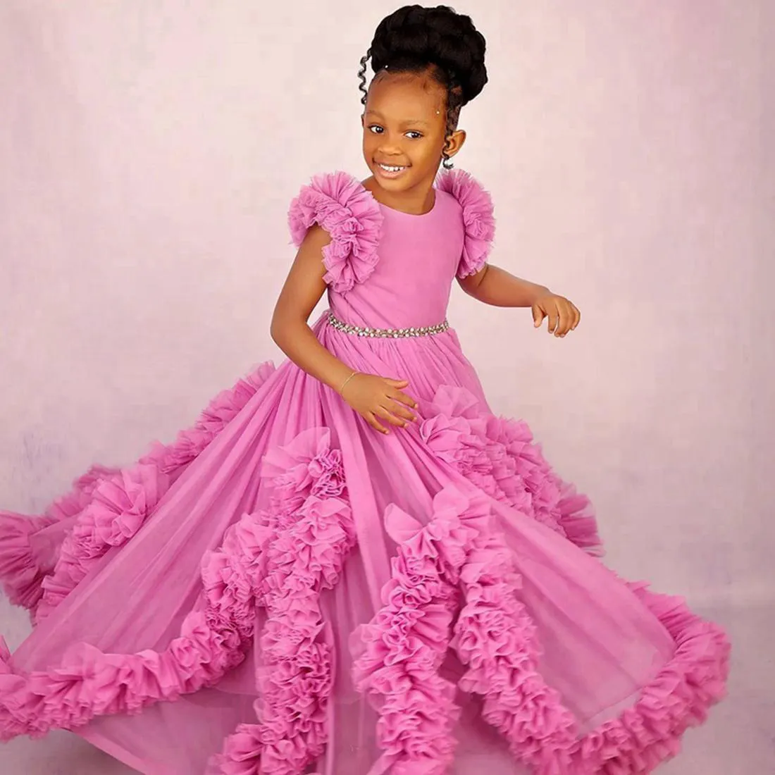 Fuchsia Flower Girl Dresses Tiered Tulle Lace Princess Flowergirl Dresses Ball Gowns Little Girls Birthday Party Gown Daughter and Mother Dress CF030