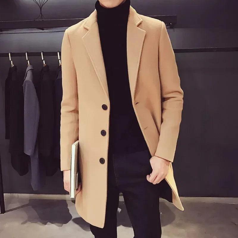Autumn Mens Long Trench Coat Thick Wool Blend Business Windbreaker Jacket for Casual Wear 240118