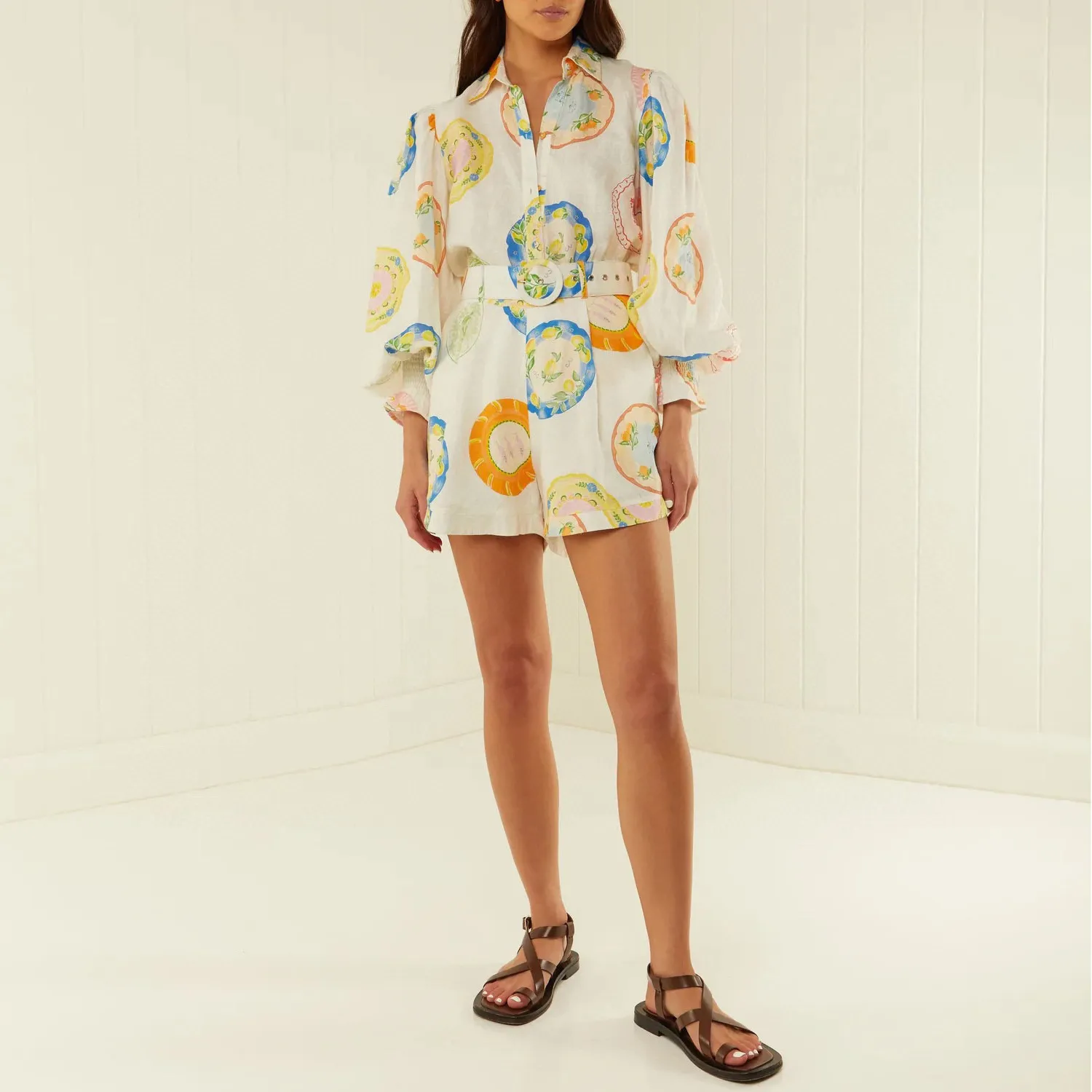 Australisk designer kvinnors linne blomma tryck lapel långärmad skjorta och shorts tvådelar set