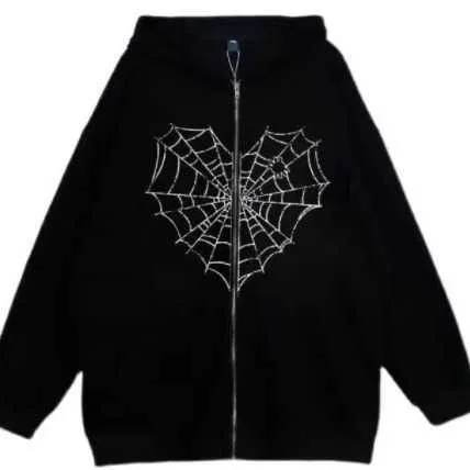 Kleurrijke Spider Web Street Hip Hop Gothic Harajuku Y2k Zwarte Rits Hoodie Dames Harajuku Jas Hoodie Dames