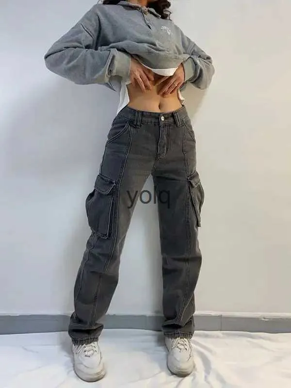 Jeans da donna New Cargo Straight Wide Street Tasca con cerniera Bottone Jeans lunghi giornalieri Jeans gamba Pantaloni cargo retrò a vita alta jeansyolq