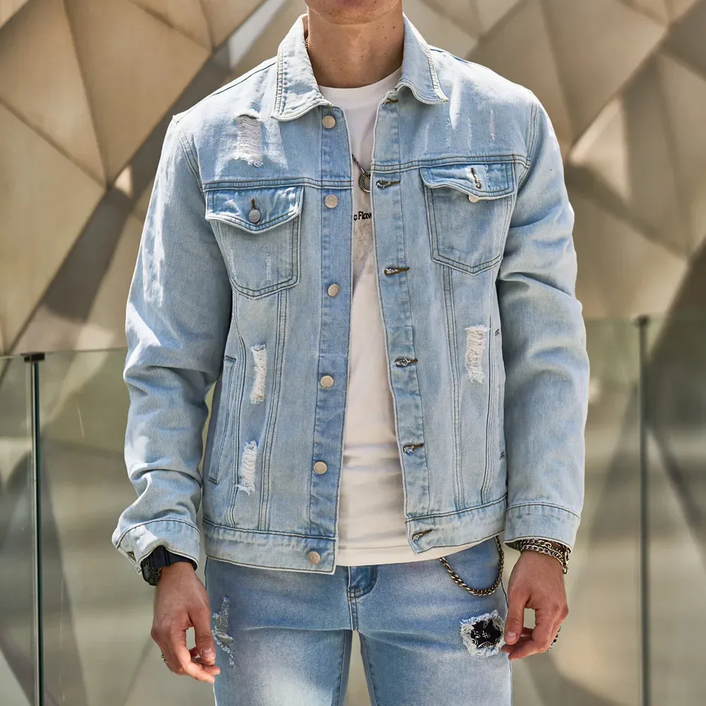 Mode Streetwear Männer Zerrissene Dünne Denim Jacke Männlichen Hohe qualität Distressed Casual Jean Mantel 240117