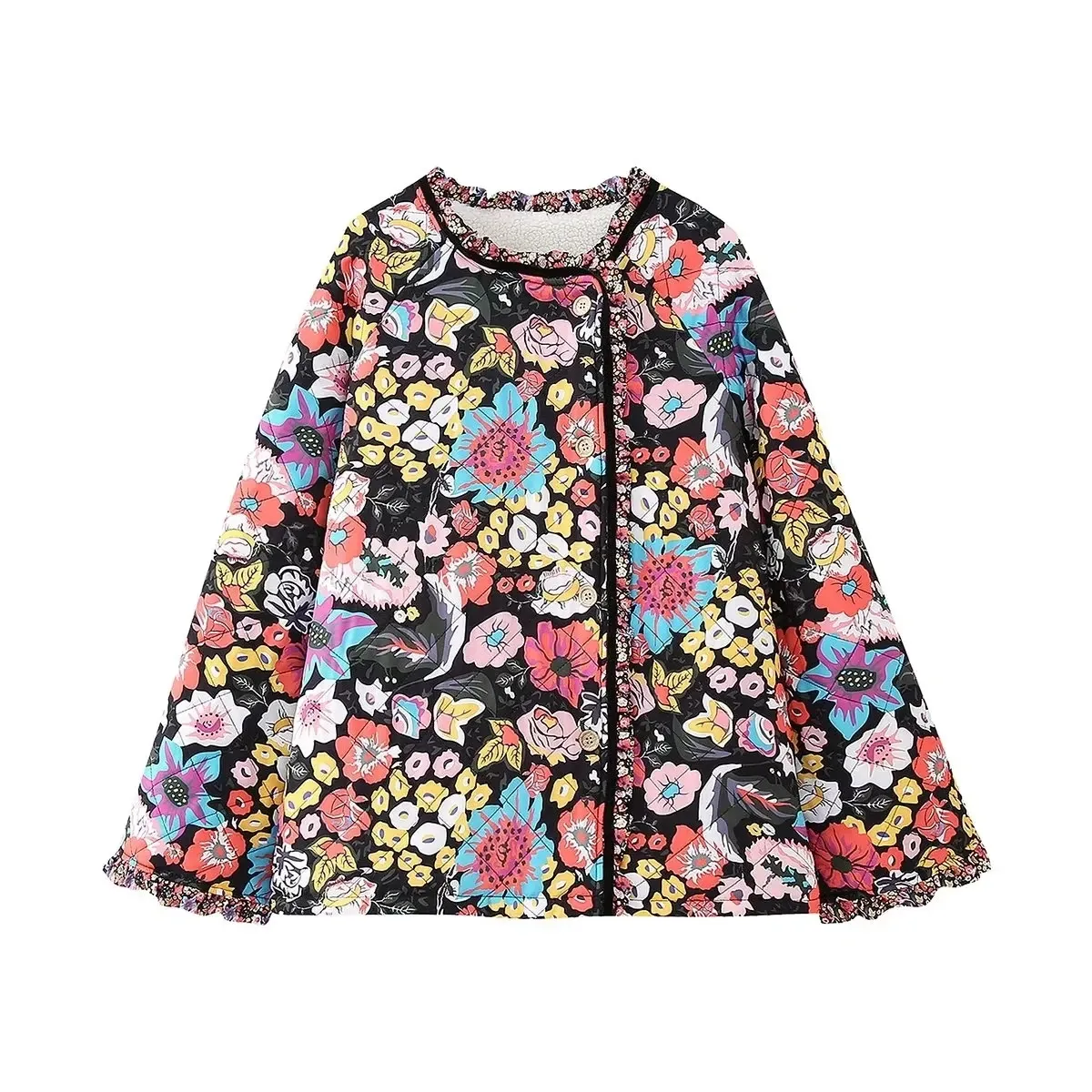 Giacca Lunga Trapuntata Donna Con Stampa Floreale Vintage - Cotone Leggero Con Colletto Alto E Bottoni A Rana, Taglia Unica, Disponibile In Rosso E Grigio