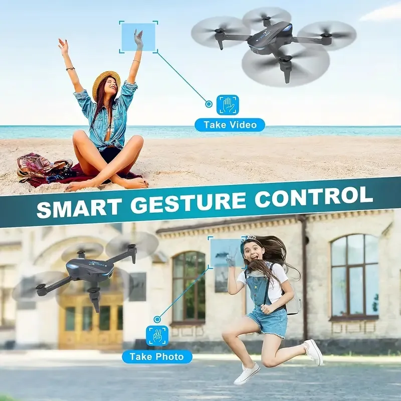 Drone avec résistance au vent de niveau 5, décollage/atterrissage à une touche, contrôle par application, transmission d'images en temps réel 5G, double caméra HD, geste pour prendre des photos, cadeaux