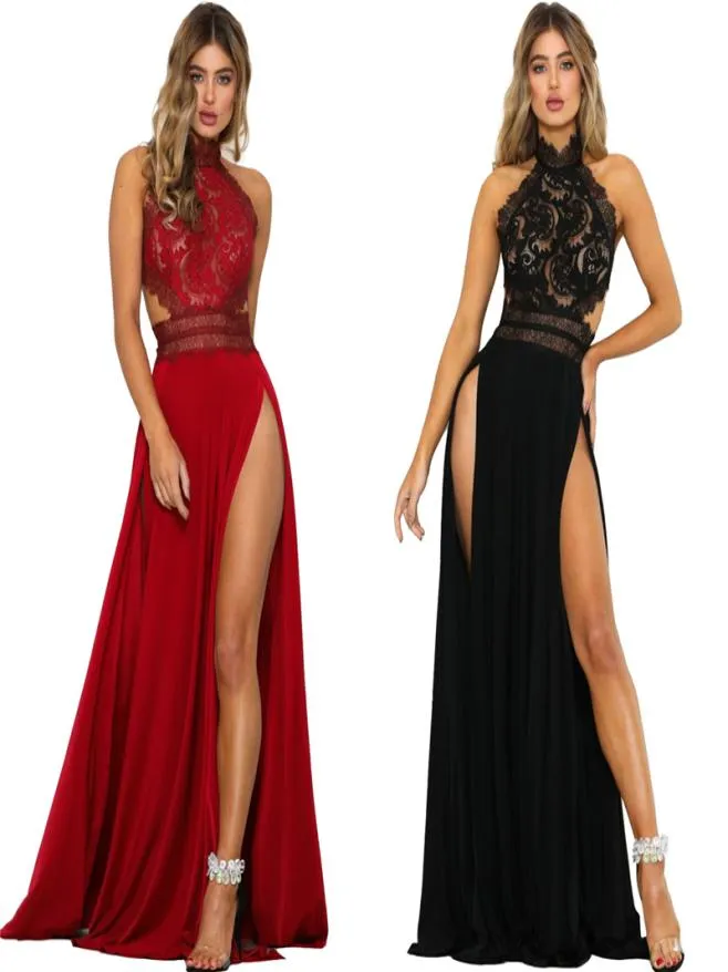 Fit and Flare Halter Lace Crochet Maxi Dresses Long Long Backless Back Zip Side Side Dresses for Floor Sexy Dress Women3750628
