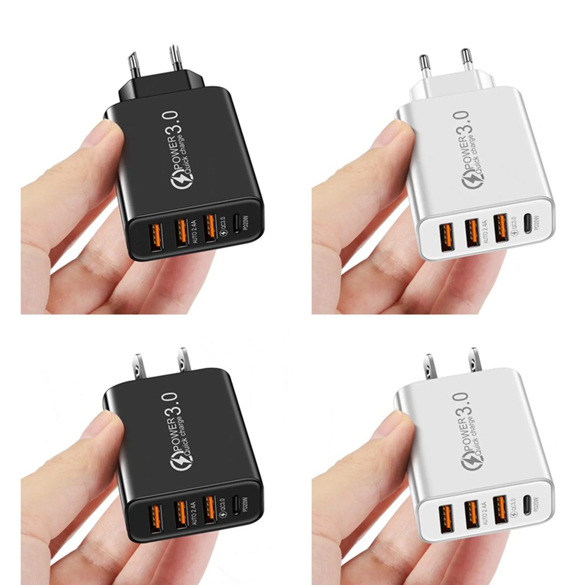 Cargador de pared USB-C, 40W, duradero, 4 puertos QC+PD 3,0, adaptador de corriente, doble enchufe rápido, bloque de carga para iPhone Watch Series