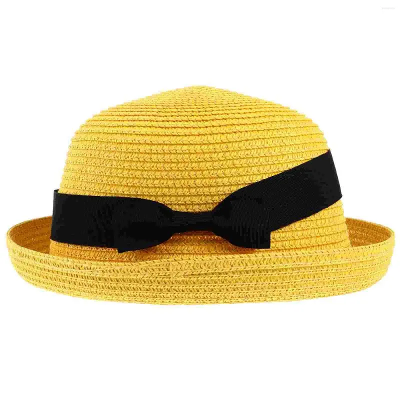 Berets moda feminina meninas bowknot roll-up aba larga cúpula palha verão chapéu de sol bowler praia (amarelo) boné de pele