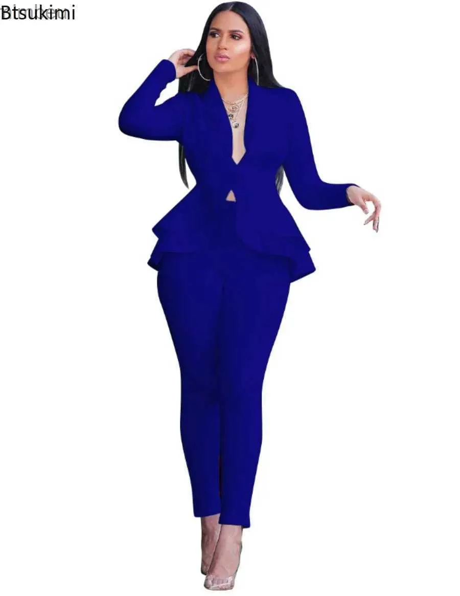 Women's Suits Blazers 2024 Women's Formal Set 2PCS Tracksuit Full Sleeve Ruffles Blazers Pencil Pants Suit Two Piece Set Office Lady Outfits UniformL240118