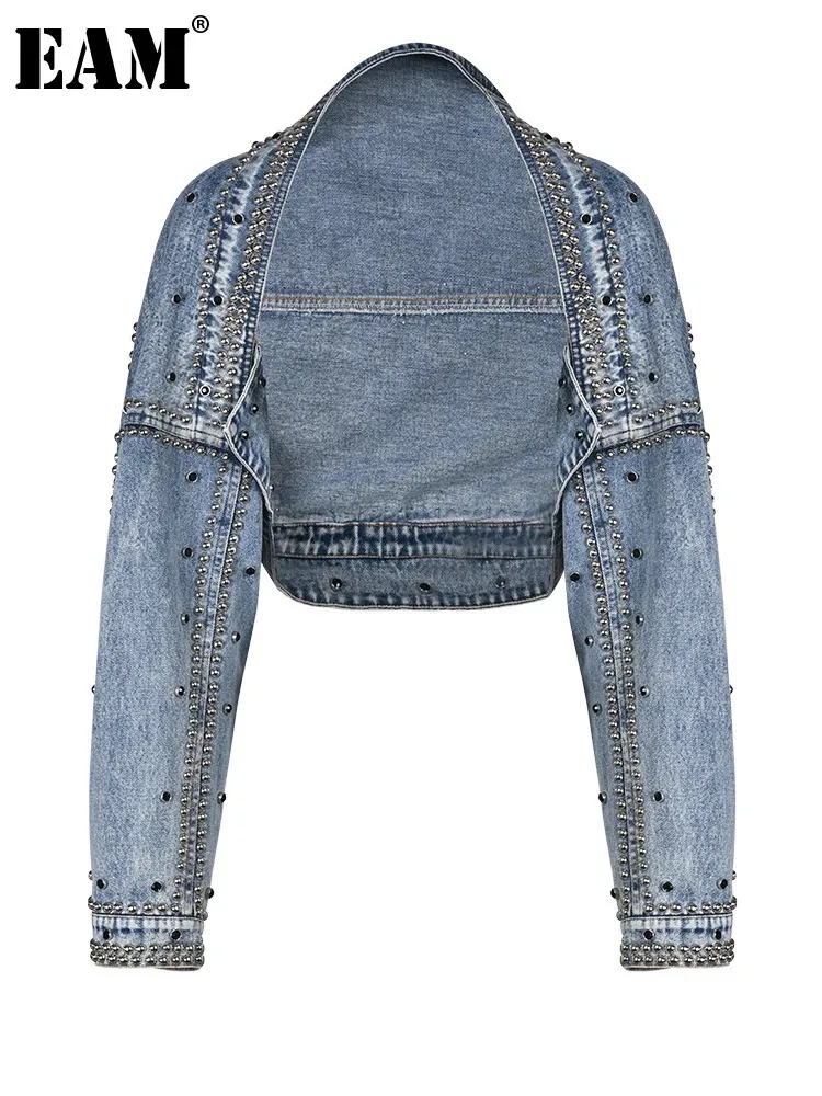 EAM LOOST FIT Blue Denim Rivet Kort cool jacka LAPEL Långärmad Kvinnor Fashion Spring Autumn 2024 1DE828105 240117