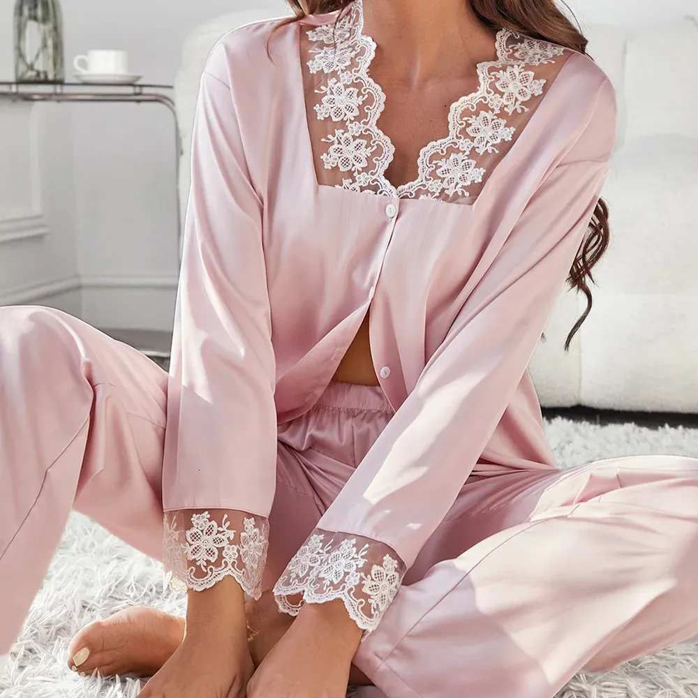 Primavera outono feminino pijamas conjunto sexy rosa renda guarnição sleepwear manga longa calças pijamas terno solto casual cetim casa wear 240118