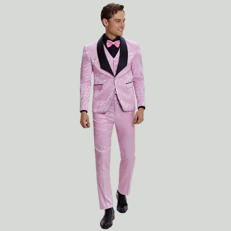 Costumes pour hommes rose Jacquard Satin châle revers marié 3 pièces ensembles de mariage Tuxedos mâle fête bal Blazer Terno Masculino Completo