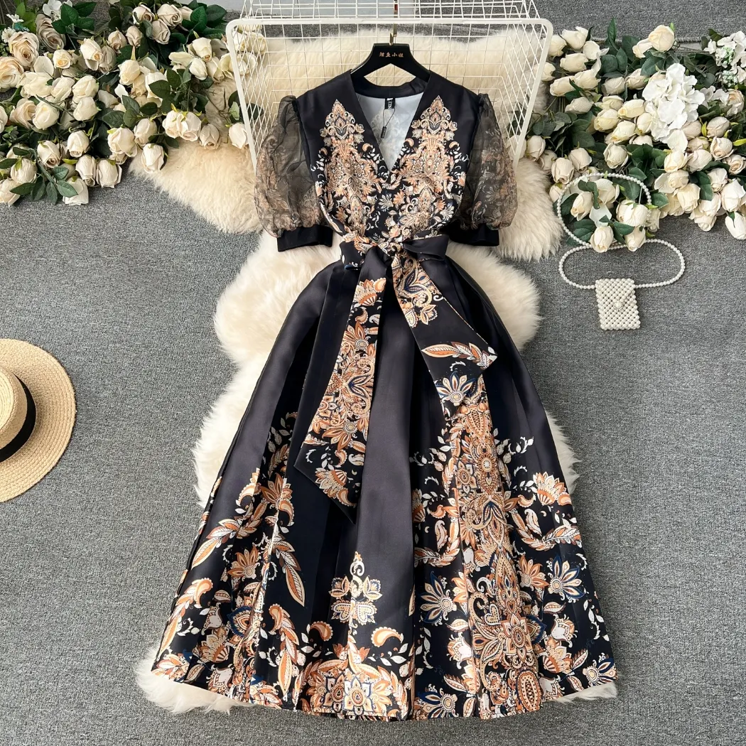 white christmas dresses Champagne Polka Dot Round Neck Summer Vintage Swing Dress main image 1