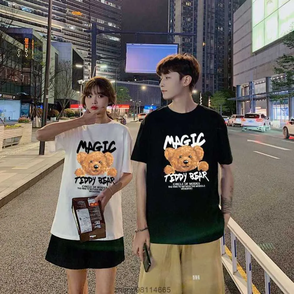 Bluzy damskie bluzy bluzy z kreskówką Niedźwiedź Drukuj duża koszulka z krótkim rękawem dla kobiet i par unisex 2023 Summer New Korean Version Trend na Instagramie