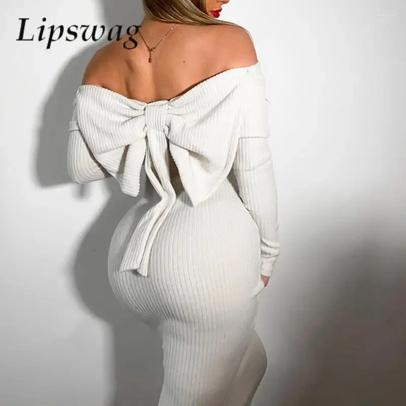 Lässige Kleider für Damen, einfarbig, gerippt, langärmelig, figurbetontes Kleid, elegant, rückenfrei, mit Schleife, Party, modisch, Slash-Ausschnitt, schulterfrei