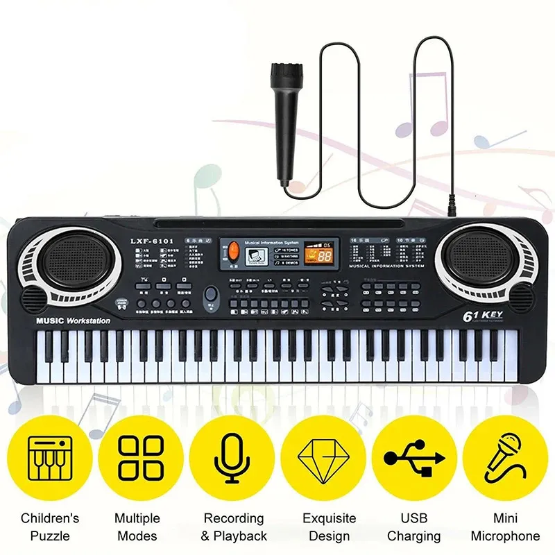 61 teclas crianças teclado eletrônico piano com microfone instrumento musical usb digital órgão elétrico presentes brinquedos para crianças 240117