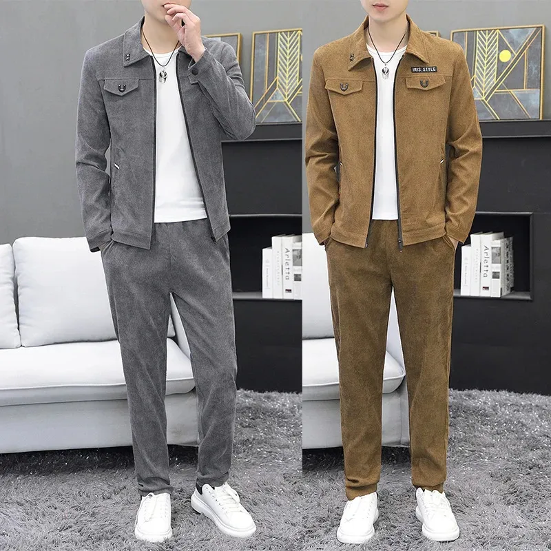 Men Corduroy Sets Autumn Two Piece Long Trousers and Jakcet Clothing Casual Track Suit Male Big Pockets Sweatsuits 240117