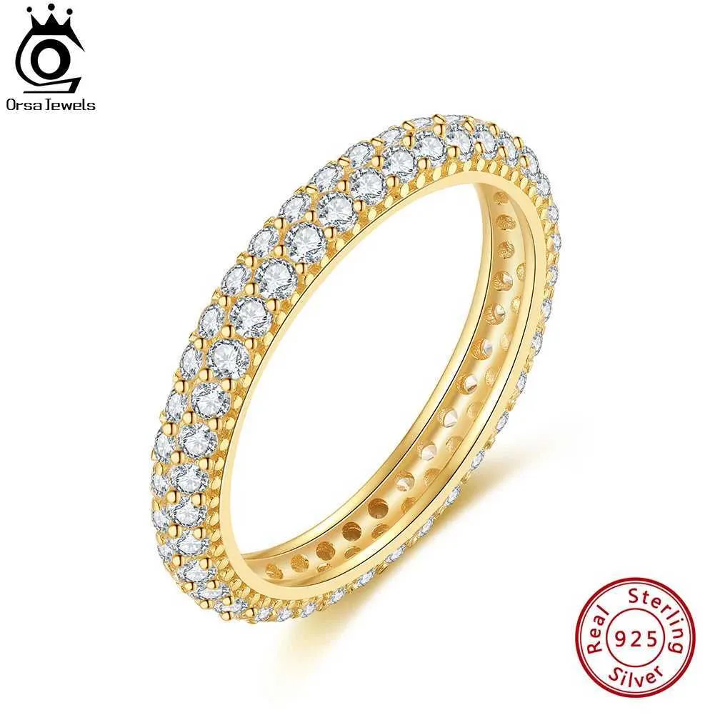 Anéis de banda ORSA JEWELS Brilhante 2 linhas Zircon WeddRings 925 sterlSilver 14K banhado a ouro delicado dedo banda para mulheres jóias SR320 J240118