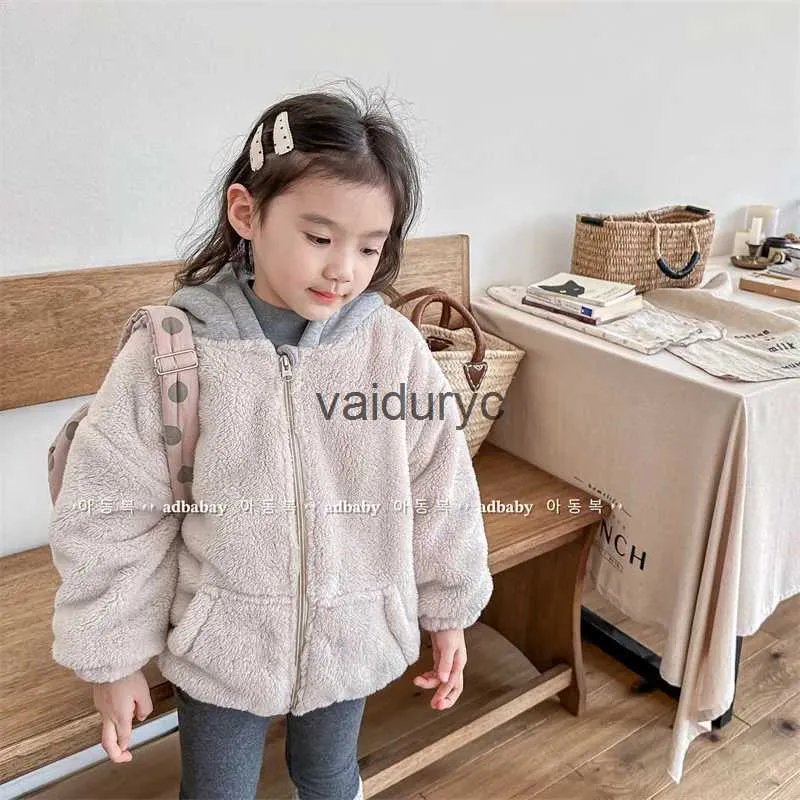 Jackets 2023 Winter New Baby Lamb Fleece Hooded Coat Toddler Girls Solid Padded Jacket Infant ldren Plus Velvet Thick Warm Clothes H240508