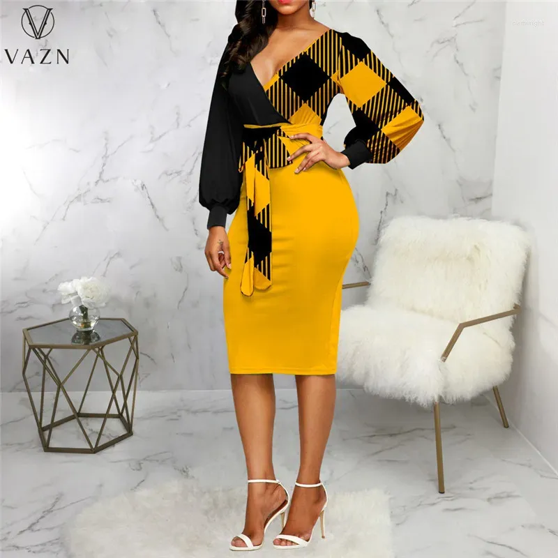 Casual Dresses Vazn 2024 Tryckt Lady Mid Long Dress Women Fashion High Street Style Sleeve V Neck